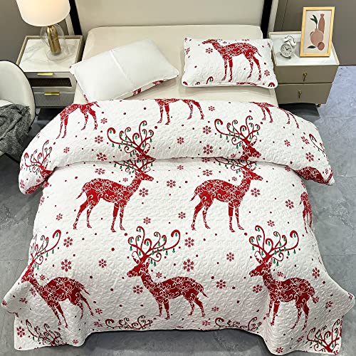 Christmas Quilt Set Queen Size White Red Xmas Tree Snowflake Reindeer Quilted Bedspread Coverlet Set 3 Piece Christmas Bedding Set Reversible Lightweight Comforter Bed Cover Blanket with 2 Pillowcases