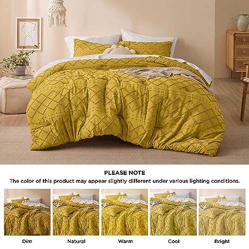Bedsure Queen Comforter Set - Mustard Yellow Comforter, Boho Tufted Shabby Chic Bedding Comforter Set, 3 Pieces Vintage Farmhouse Bed Set for All Seasons, Fluffy Bedding Set with 2 Pillow Shams