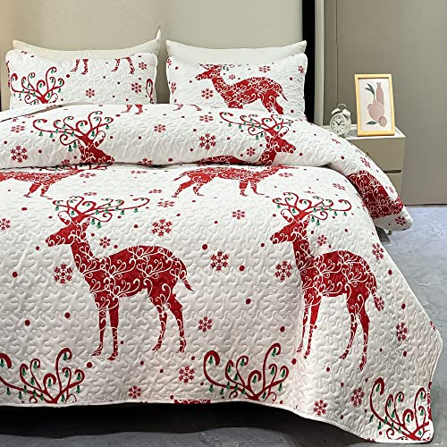 Christmas Quilt Set Queen Size White Red Xmas Tree Snowflake Reindeer Quilted Bedspread Coverlet Set 3 Piece Christmas Bedding Set Reversible Lightweight Comforter Bed Cover Blanket with 2 Pillowcases