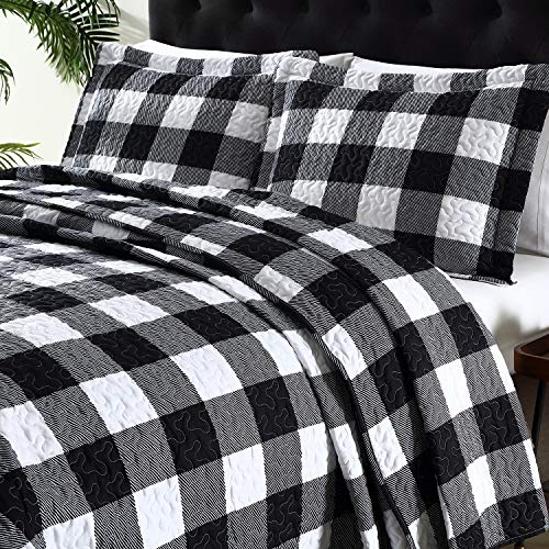 EXQ Home Quilt Set Full/Queen Size 3 Piece,Lightweight Microfiber Coverlet Modern Style Black and White Squares Pattern Bedspread Set(1 Quilt,2 Pillow Shams)