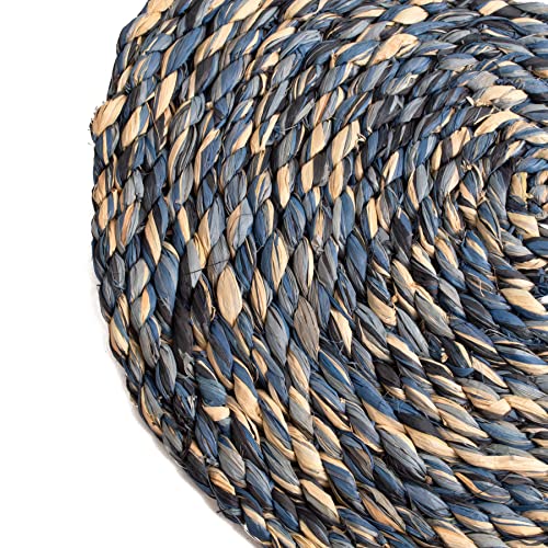 KAZI Essentials Boho Round Woven Placemats – Set of 6, Natural Wicker Twisted Raffia Placemats, Straw Braided Heat Resistant Non-Slip Weave, Eco-Friendly Handmade by African Artisans (13" Round, Blue)