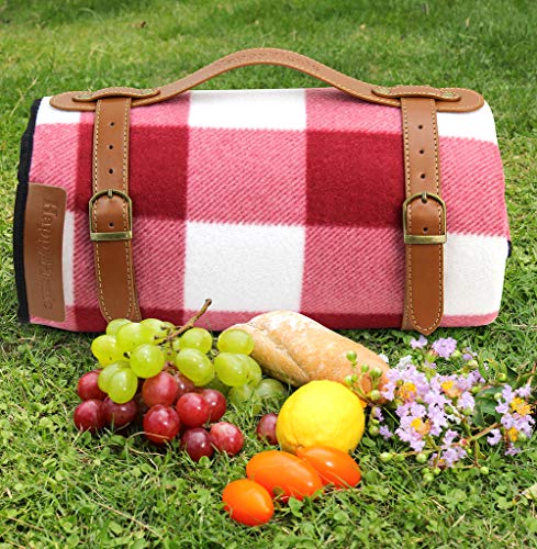 Large Red Check Picnic Blanket, 79" x 59" Thick Soft Fleece with Carrier