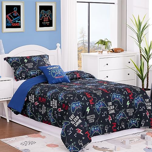 Kaleido Space Kids Comforter Set Twin Size for Boys, Glow in The Dark Black Gamer Bedding Set Twin-1 Twin Comforter, 1 Decor Pillow, 1 Pillow Sham