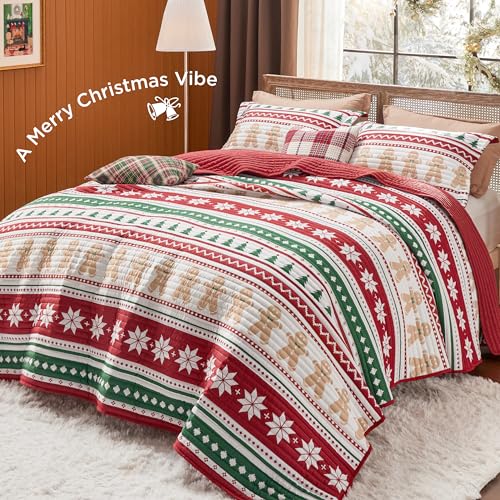 Bedsure Christmas Quilt Set Queen - Red Quilt for Queen Size Bed, Gingerbread Man Striped Printed Pattern Christmas Bedding Set - Soft Microfiber Lightweight Coverlet Bedspread (90"x96", 3 Pieces)