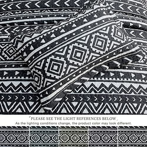 EXQ Home Quilt Set Full Queen Size Print 3 Piece,Lightweight Soft Coverlet Modern Style Black Boho Pattern Bedspread Set(1 Quilt,2 Pillow Shams)