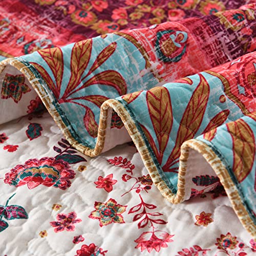 Boho Style Queen Quilt Set Reversible Bohemian Floral Strip Quilt Beddding Set, Soft and Lightweight Bedspread for All Season, Full Size Bed Coverlet with 2 Matching Pillow Shams (3 Pieces)