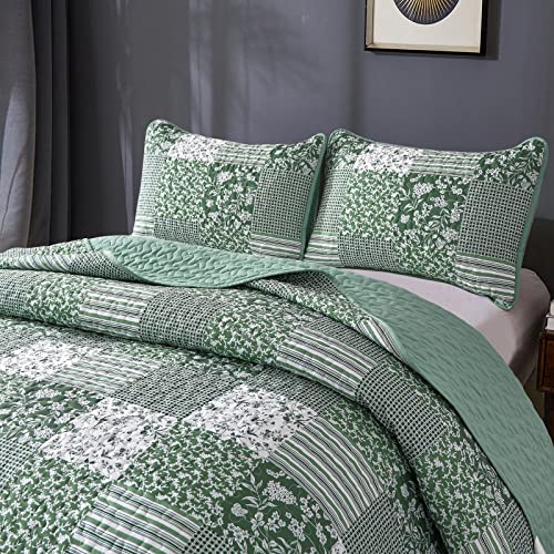 Boho Green Queen Quilt Set - 3-Piece Reversible Soft Plaid Floral Bedding Set with 2 Pillow Shams