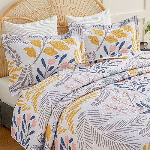 EXQ Home Quilt Set Full Queen Size Print 3 Piece,Lightweight Soft Coverlet Modern Style Colored Leaves Pattern Bedspread Set(1 Quilt,2 Pillow Shams)