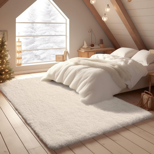 Ophanie White Area Rugs for Bedroom Fluffy, 4x6 Fuzzy Shag Plush Soft Shaggy Bedside Cream Rug, Ivory Living Room Carpet for Girls Kids Baby Teen Dorm Home Decor Aesthetic, Nursery