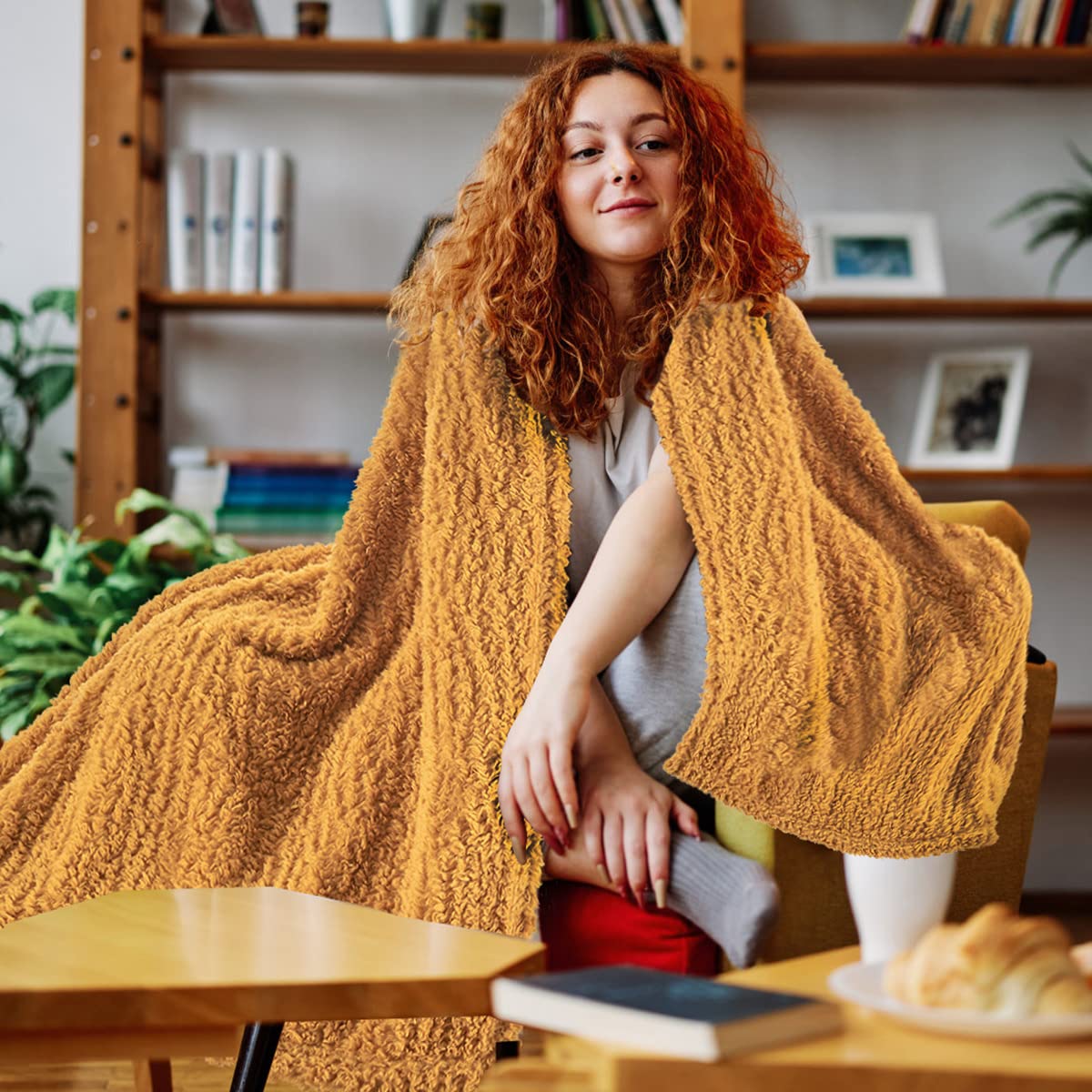 Mustard Yellow Ultra Soft Cozy Sherpa Throw Blanket