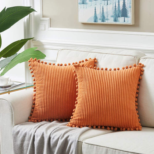 Fancy Homi Pack of 2 Corduroy Fall Decorative Throw Pillow Covers with Pom-poms, Solid Square Cushion Case Pillow Cases Set for Couch Sofa Bedroom Car Living Room (18x18 Inch/45x45 cm, Orange)