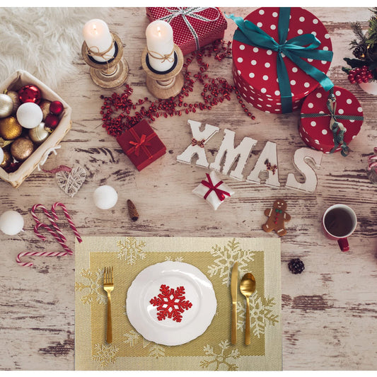 RIMOBUL Christmas Placemats Set of 6 Woven Vinyl Non-Slip Placemats Washable Table Mats Anti-Skid Placemats for Kitchen Table (Snow Gold)