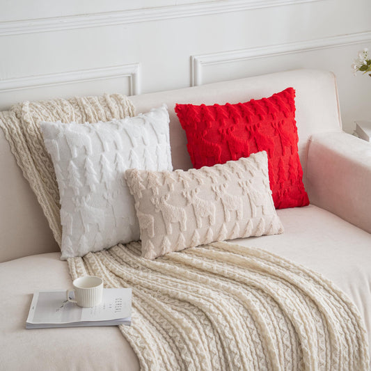 SHITURRE Red Christmas Tree and Reindeer Decorative Throw Pillow Covers 18"x18", 2 Packs Soft Plush Square Pillow Cover with Embroidery for Home Decor, Holiday Cushion Cases for Bed Living Room