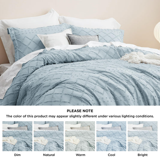 Bedsure Queen Comforter Set - Dusty Blue Comforter, Boho Tufted Shabby Chic Bedding Comforter Set, 3 Pieces Vintage Farmhouse Bed Set for All Seasons, Fluffy Soft Bedding Set with 2 Pillow Shams