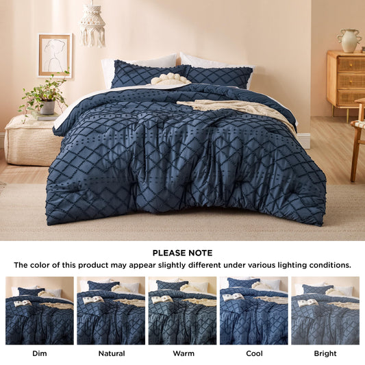 Bedsure Queen Comforter Set - Navy Blue Comforter, Boho Tufted Shabby Chic Bedding Comforter Set, 3 Pieces Vintage Farmhouse Bed Set for All Seasons, Fluffy Soft Bedding Set with 2 Pillow Shams