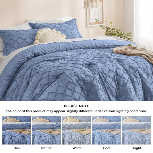 Bedsure Queen Comforter Set - Mineral Blue Comforter, Boho Tufted Shabby Chic Bedding Comforter Set, 3 Pieces Vintage Farmhouse Bed Set for All Seasons, Fluffy Soft Bedding Set with 2 Pillow Shams