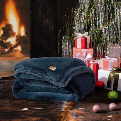 UGG Euphoria Blue Plush Faux Fur Reversible Throw Blanket