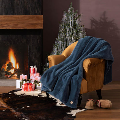UGG Euphoria Blue Plush Faux Fur Reversible Throw Blanket