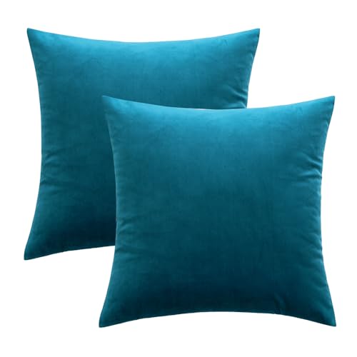 MIULEE Teal Pack of 2 Velvet Pillow Covers Decorative Square Pillowcases Soft Solid Cushion Cases for Spring Sofa Bedroom Couch 18x18 Inch