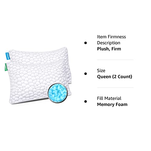 White Shredded Memory Foam Cooling Pillow, Loft Adjustable, 2 Pack