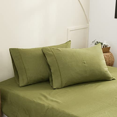 Simple&Opulence 100% French Linen Pillowcase Queen Size-Set of 2- Washed Solid Color Pillow Cases Embroidered -Soft and Durable (Olive Green, 20''x30'')