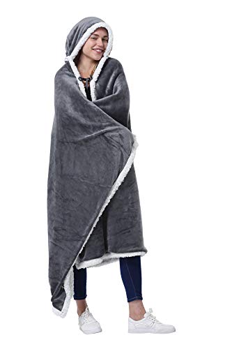 Grey Fleece Hooded Wearable Poncho Blanket with Pockets
