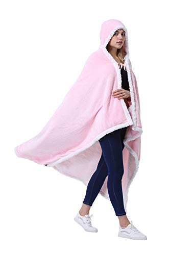 Pink Fleece Hooded Wearable Poncho Blanket with Pockets