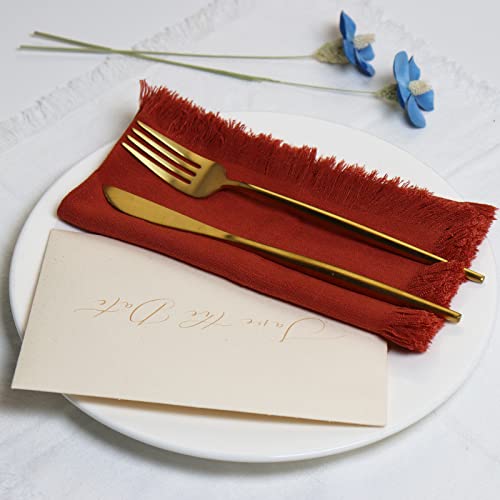 Dololoo Handmade Cloth Napkins with Fringe,18 x 18 Inches Cotton Linen Napkins Set of 4 Versatile Handmade Square Rustic Fringe Napkins for Dinner, Wedding and Parties, Terracotta
