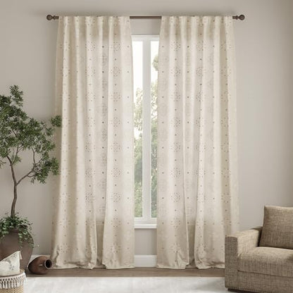 jinchan Linen Curtains 84 Inch Long Embroidery Floral Country Farmhouse Curtains for Living Room Rustic Rod Pocket Back Tab Light Filtering Window Curtains Drapes for Bedroom Natural, 2 Panels 55" W