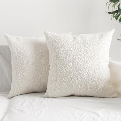 HOMFINER Set of 2 Boucle Throw Pillow Covers Textured Ivory White Modern Farmhouse Boho Accent Decorative Square Pillow Cases Neutral Home Decor for Couch Cushion Bed Living Room 18x18 inch