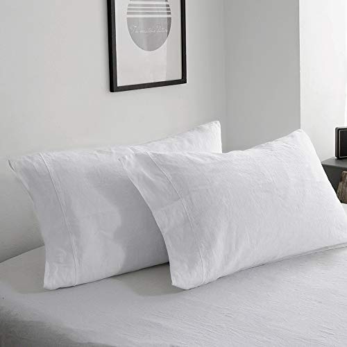 Simple&Opulence 100% French Linen Pillowcase Queen Size-Set of 2- Washed Solid Color Pillow Cases Embroidered -Soft and Durable (White, 20''x30'')
