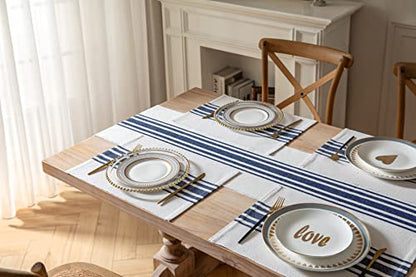 Placemats Set of 6 for Dining Table, Woven Cloth Place Mats for Kitchen Tabletop Décor, Handcrafted Machine Washable Cotton Table mats 13 x 19 Inch, Navy Blue and Beige