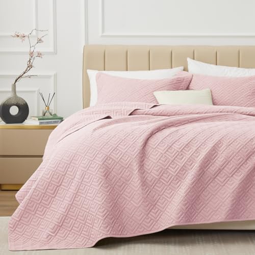 EXQ Home Quilt Set Full/Queen Size Pure Pink 3 Piece,Lightweight Soft Coverlet Modern Style Squares Pattern Bedspread Set for All Season(1 Quilt,2 Pillow Shams)