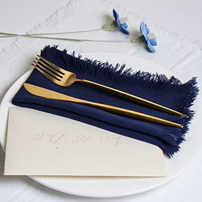 Dololoo Handmade Cloth Napkins with Fringe,18 x 18 Inches Cotton Linen Napkins Set of 4 Versatile Handmade Square Rustic Fringe Napkins for Dinner, Wedding and Parties, Navy Blue