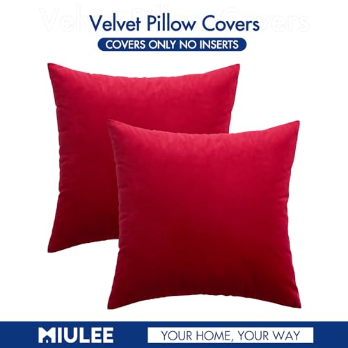 MIULEE Pack of 2 Velvet Pillow Covers Decorative Square Pillowcase Soft Solid Cushion Case for Decor Sofa Bedroom Car 18x18 Inch Red