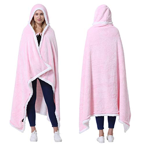 Pink Fleece Hooded Wearable Poncho Blanket with Pockets