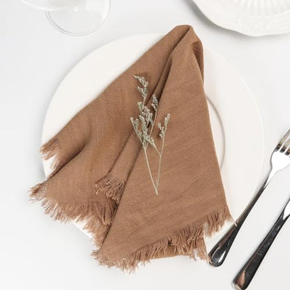 Dololoo Handmade Cloth Napkins with Fringe,18 x 18 Inches Cotton Linen Napkins Set of 4 Versatile Handmade Square Rustic Fringe Napkins for Dinner, Wedding and Parties, Taupe