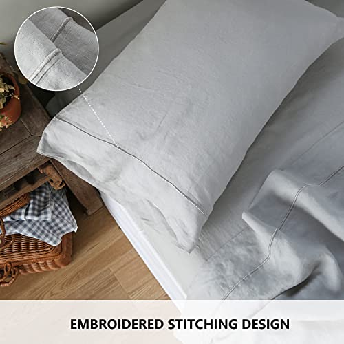 Simple&Opulence 100% French Linen Pillowcase Queen Size-Set of 2- Washed Solid Color Pillow Cases Embroidered -Soft and Durable (Grey, 20''x30'')