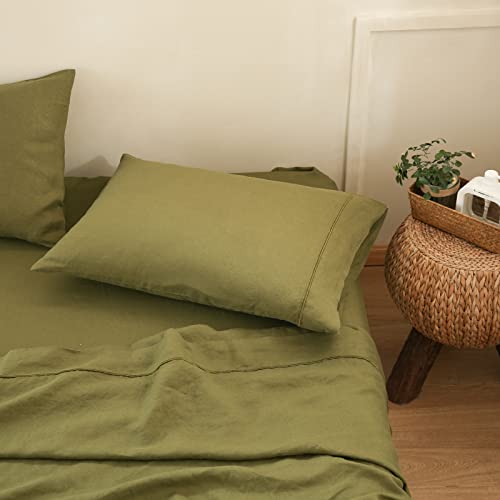 Simple&Opulence 100% French Linen Pillowcase Queen Size-Set of 2- Washed Solid Color Pillow Cases Embroidered -Soft and Durable (Olive Green, 20''x30'')