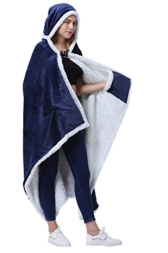 Navy Fleece Hooded Wearable Poncho Blanket with Pockets