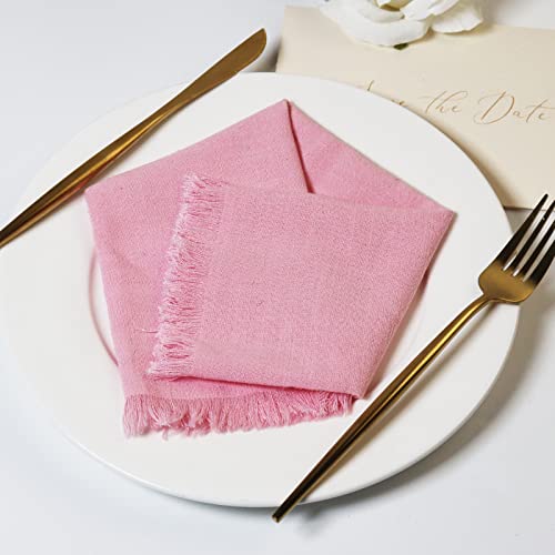 Dololoo Handmade Cloth Napkins with Fringe,18 x 18 Inches Cotton Linen Napkins Set of 4 Versatile Handmade Square Rustic Fringe Napkins for Dinner, Wedding and Parties, Pink