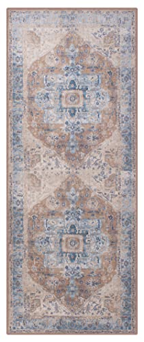 GLN Rugs Machine Washable Area Rug, Rugs for Living Room, Rugs for Bedroom, Bathroom Rug, Kitchen Rug, Printed Vintage Rug, Home Decor Traditional Carpet (Brown/Blue, 3' x 5'2")