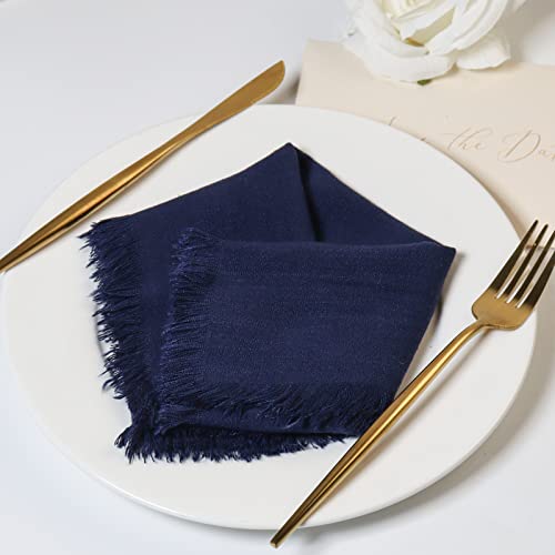 Dololoo Handmade Cloth Napkins with Fringe,18 x 18 Inches Cotton Linen Napkins Set of 4 Versatile Handmade Square Rustic Fringe Napkins for Dinner, Wedding and Parties, Navy Blue