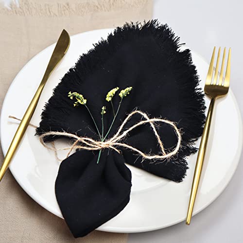 Dololoo Handmade Cloth Napkins with Fringe,18 x 18 Inches Cotton Linen Napkins Set of 4 Versatile Handmade Square Rustic Fringe Napkins for Dinner, Wedding and Parties, Black