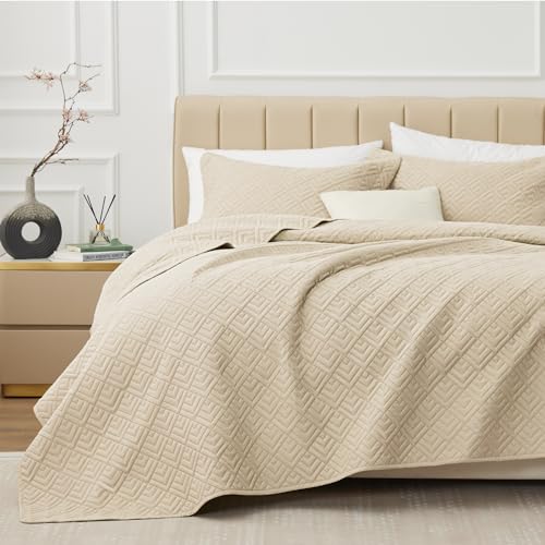 EXQ Home Quilt Set Full/Queen Size Beige 3 Piece,Lightweight Soft Coverlet Modern Style Squares Pattern Bedspread Set for All Season(1 Quilt,2 Pillow Shams)