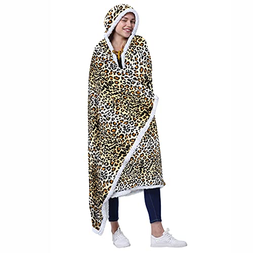 Cheetah Fleece Hooded Wearable Poncho Blanket with Pockets