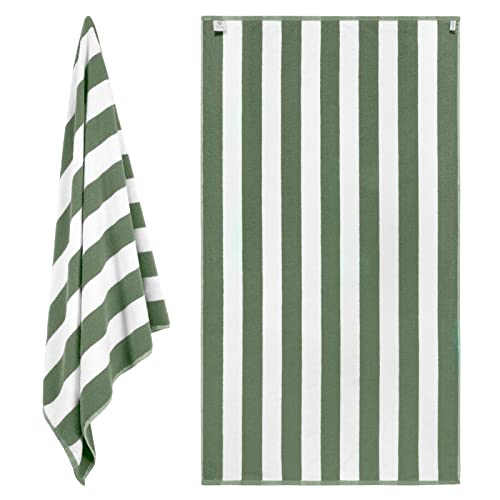 XL Cabana Stripe Cotton Beach Towel - Khaki Green - Luxury Plush Thick Hotel Swim Pool Towels - 2 Pack