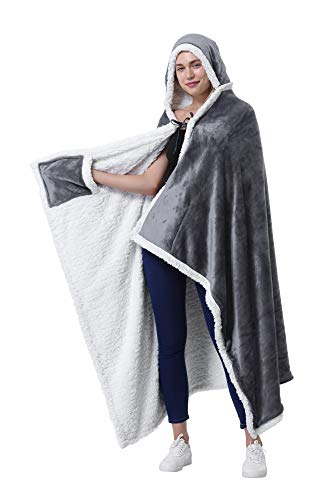 Grey Fleece Hooded Wearable Poncho Blanket with Pockets