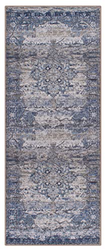 GLN Rugs Machine Washable Area Rug, Rugs for Living Room, Rugs for Bedroom, Bathroom Rug, Kitchen Rug, Printed Vintage Rug, Home Decor Traditional Carpet (Blue/Cream, 3' x 5'2")