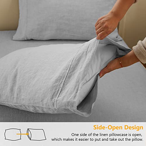 Simple&Opulence 100% French Linen Pillowcase Queen Size-Set of 2- Washed Solid Color Pillow Cases Embroidered -Soft and Durable (Grey, 20''x30'')